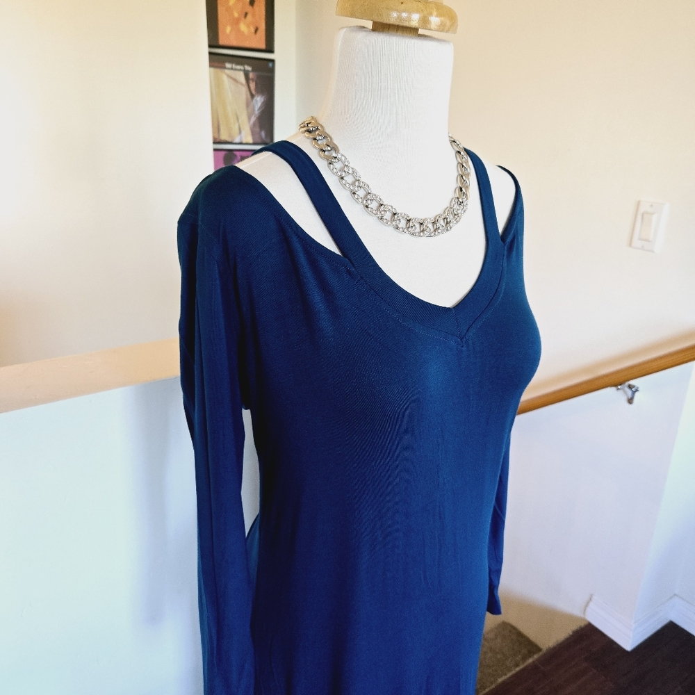 🏷️YANAK Cutout Teal Cotton Spandex Longsleeve Midi Dress XL - Picture 3 of 9